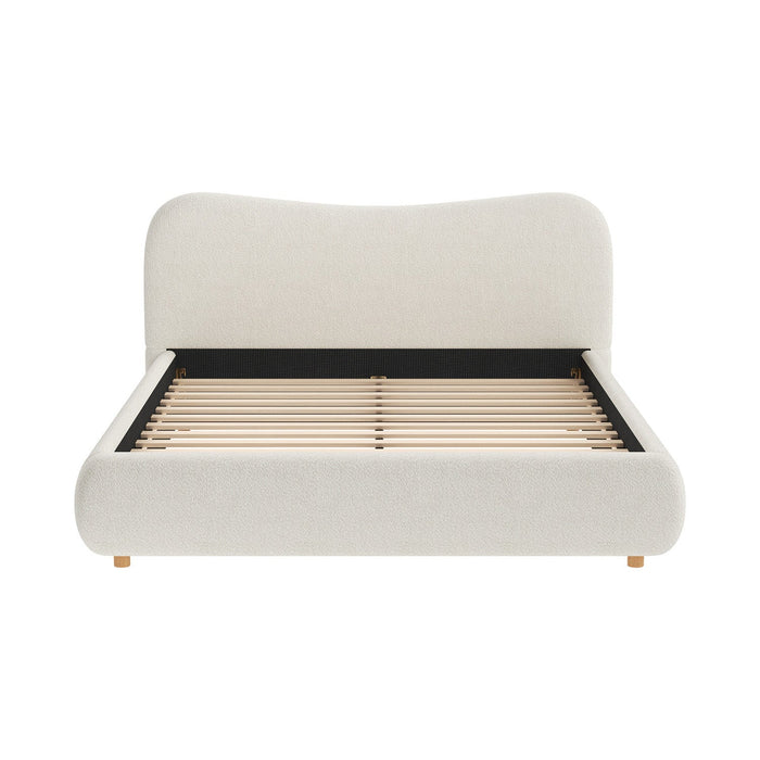 Camille Platform Bed with Curved Headboard and Luxurious Boucle Upholstery,Queen Size,White Queen Bed  