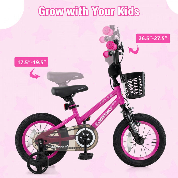 Costway 12" Kid's Bike With Training Wheels Adjustable Handlebar & Seat Handbrake Pink