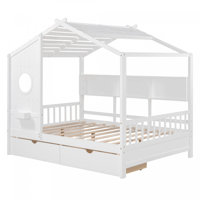 Jeames Wood House Bed with 2 Storage Drawers and Shelf, Full Size - White 