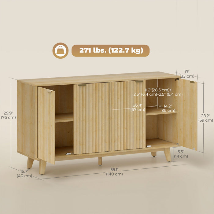55" Modern Sideboard Buffet Cabinet with Fluted Doors Wood Legs Nature Wood