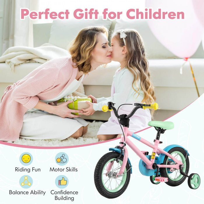 Costway 12" Kids Bike With Adjustable Saddle Handlebar Removable Training Wheels Handbrake Pink