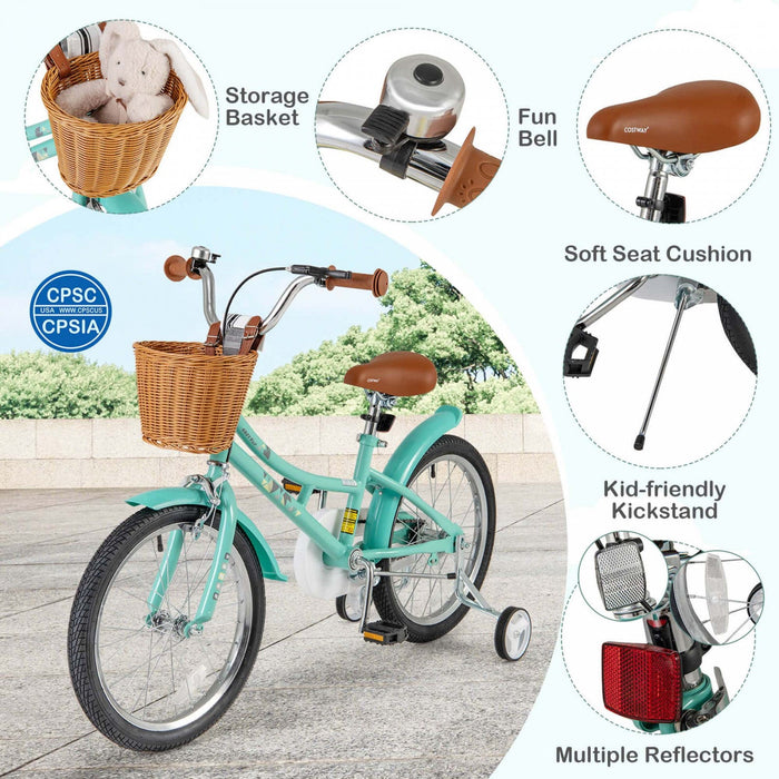 Costway 18" Kids Bike With Height Adjustable Handlebar Seat Basket Bell Training Wheels Green