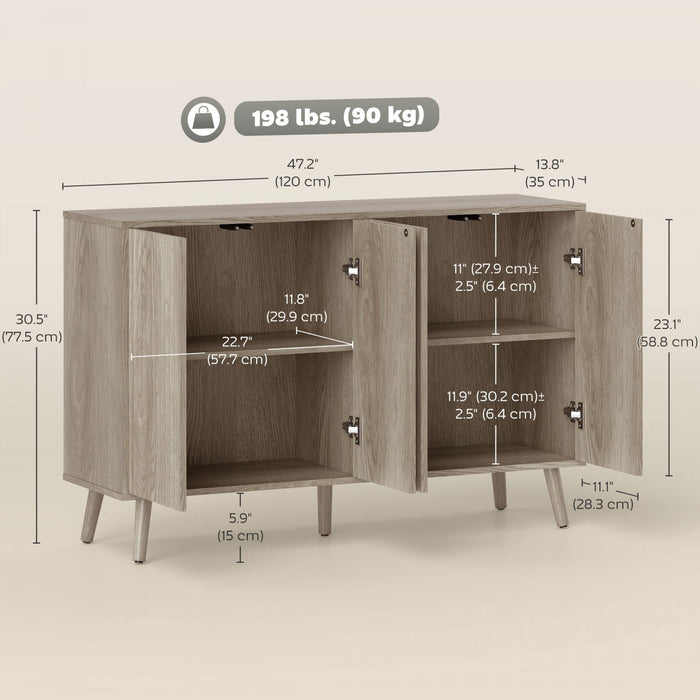 HOMCOM Sideboard, Fluted Buffet Cabinet with Adjustable Shelves, Light Grey