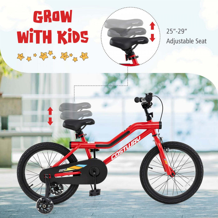 Costway 18" Led Lighted Kids Bike With Adjustable Seat Coaster Brake Training Wheels Red