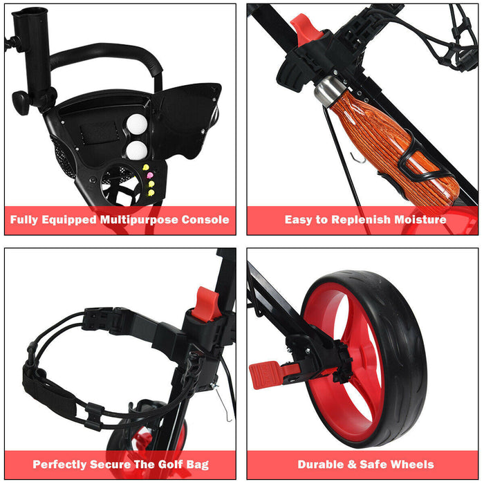 Costway Foldable 3 Wheel Push Pull Golf Club Cart Trolley W/seat Scoreboard Bag Red