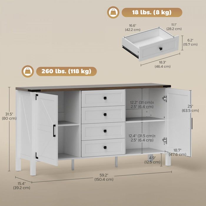 HOMCOM 59" Farmhouse Sideboard Buffet Cabinet with 2 Barn Doors, White
