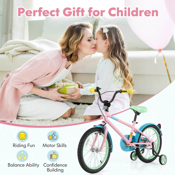 Costway 18" Kids Bike With Adjustable Saddle Handlebar Removable Training Wheels Handbrake Pink