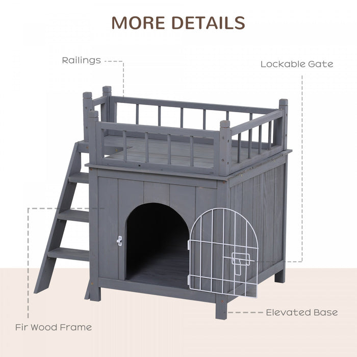 Pawhut 2-story Pet House For Cats Miniature Sized Dogs, Wooden Kitten Shelter With Enclosure, Balcon