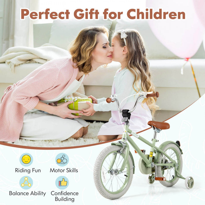 Costway 16" Kids Bike With Adjustable Saddle Handlebar Removable Training Wheels Handbrake Green
