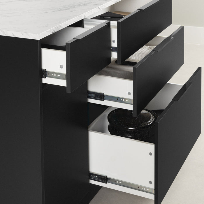 Olio Kitchen Island With Open Storage Shelf - Matte Black And Faux White Marble 