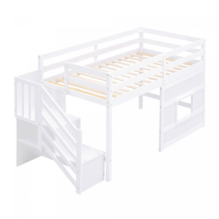 Martin Twin Solid Wood Loft Bed With Storage Stairs, Play Window, Led Light - White 