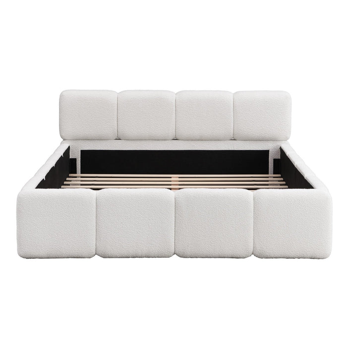 Aiden Platform Bed with Supportive Upholstered Frame in Boucle Fabric,King Size,White King Bed  