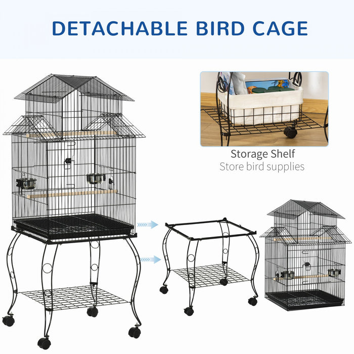 Pawhut 53.9'' Large Rolling Steel Bird Cage Bird House With Detachable Rolling Stand, Storage Shelf,