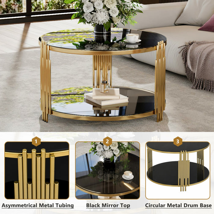 Nancy 31.5\" Round Mirror Coffee Table With Lower Shelf - Black 