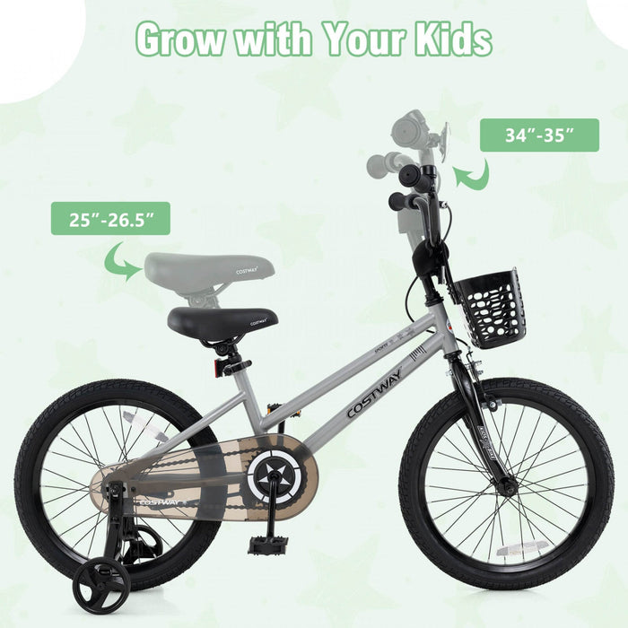 Costway 18" Kid's Bike With Training Wheels Adjustable Handlebar & Seat Handbrake Sliver