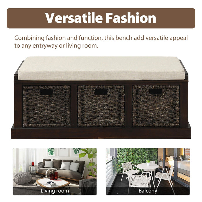 Leif Solid Wood And Rattan Baskets Storage Bench With Cushioned Seat - Espresso 