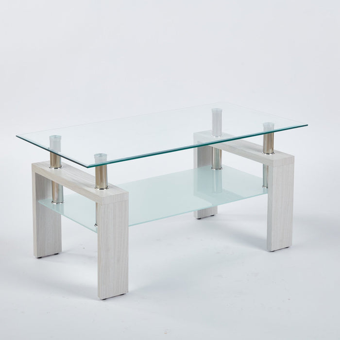 Lucius Modern Geometric Design Tempered Glass Coffee Tablewith Metal Frame and Clear Glass,White  