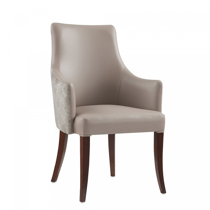 Connie Modern Wood Vegan Leather and Velvet Armchair in Taupe 