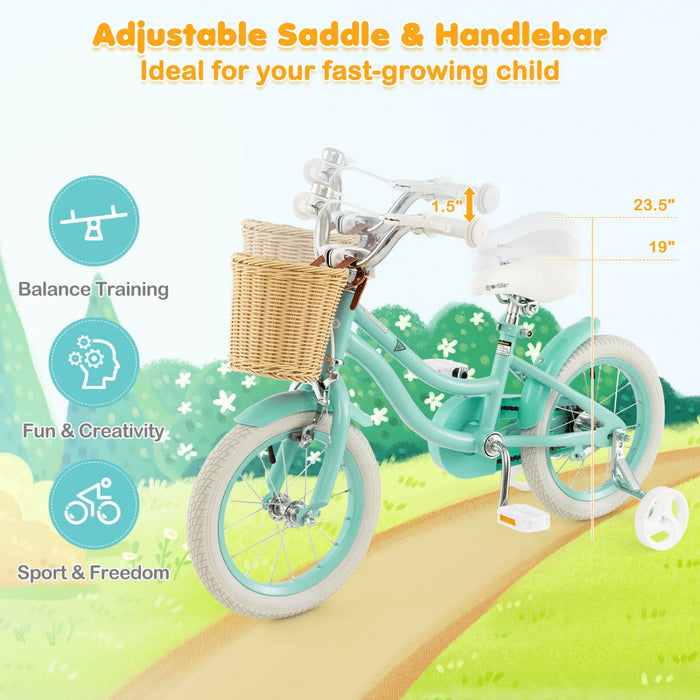 Prorider 14" Kid's Bike With Training Wheels Adjustable Handlebar Seat Handbrake Green