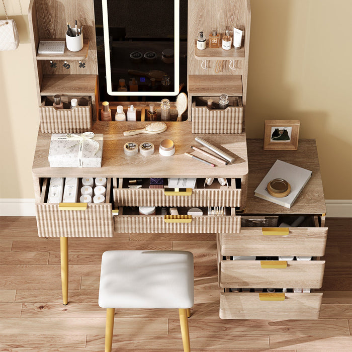 Victoria 7-Drawer Vanity Table Set with LED Mirror and Metal Legs,Yellow Brown Mirror Cabinet  
