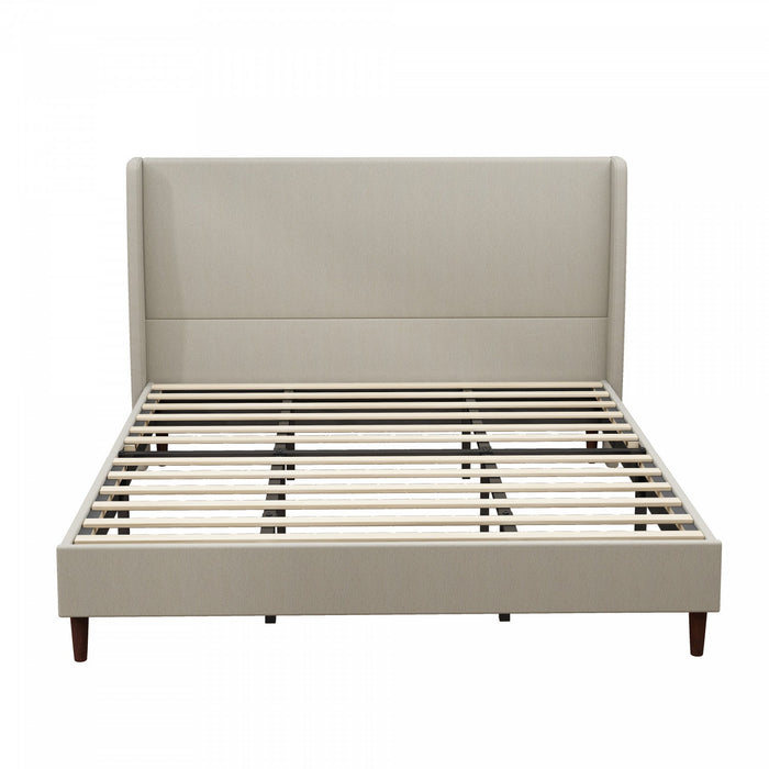 Harper Upholstered King Bed Frame with High Headboard, Linen Fabric - Beige 