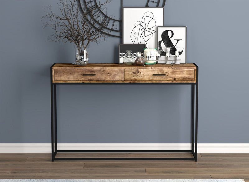 48” Modern Console Table With 2 Drawers - Brown Reclaimed Wood With Black Metal 