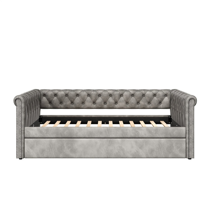 Sophia Tufted Design Upholstered Daybed with Trundle and Comfortable Backrest,Grey  