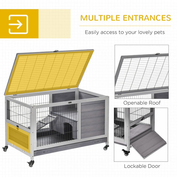 Pawhut Wooden Indoor Rabbit Hutch Elevated Bunny Cage Habitat With Enclosed Run With Wheels, Ideal F