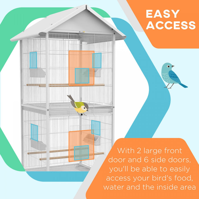 Pawhut Wrought Metal Bird Cage Feeder With Rolling Stand Perches Food Containers Doors Wheels 67\" H,