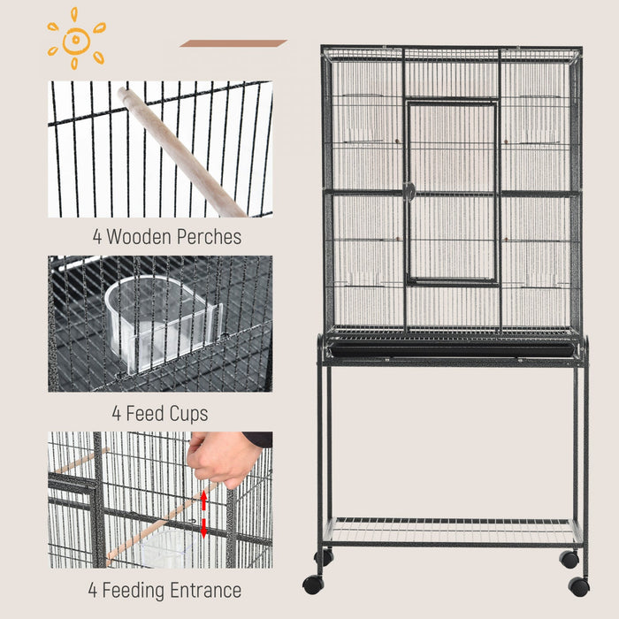 Pawhut 64\" Large Bird Cage, Rolling Metal Parrot Cage, Bird House With Detachable Rolling Stand, Sto