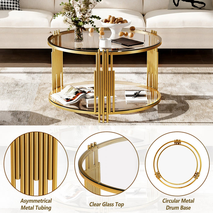 Jonas 31.5\" Round Tempered Glass Coffee Table With Lower Shelf -  Transparent 