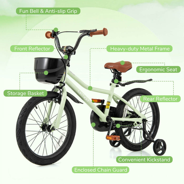Costway 18" Kid's Bike With Training Wheels Adjustable Handlebar & Seat Handbrake Green