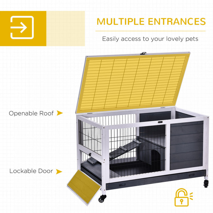 Pawhut Wooden Indoor Rabbit Hutch Elevated Bunny Cage Habitat With Enclosed Run With Wheels, Ideal F