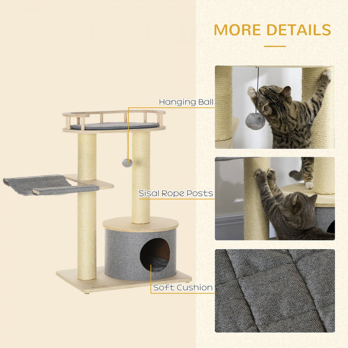Pawhut 35\" Cat Tree, Kitty Activity Centre, Wooden Cat Climbing Toy, Cat Tower With Cat Bed Hammock 