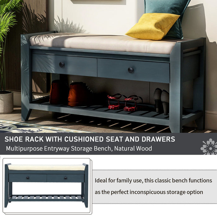 Stephanie Pine Wood Shoe Rack Bench With Cushioned Seat With Storage Drawers - Antique Navy 
