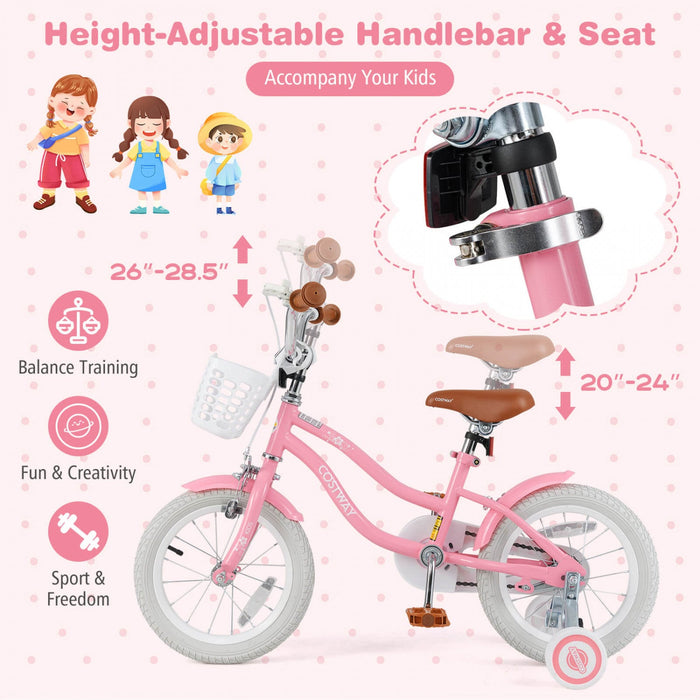 Costway 14" Kid's Bike With Removable Training Wheels & Basket For 3-5 Years Old Pink
