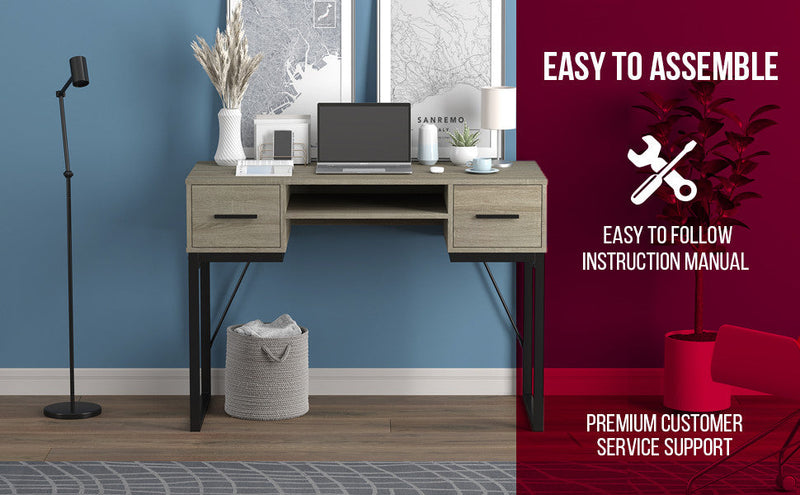 43” Computer Desk With 2 Drawers 1 Shelf - Dark Taupe With Black Metal Base 