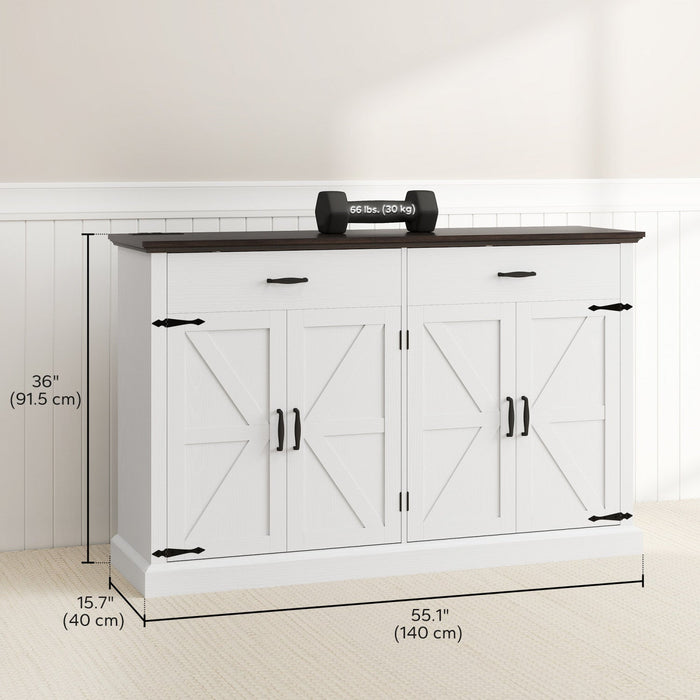 HOMCOM 55" Farmhouse Sideboard Buffet Cabinet with 4 Barn Doors White