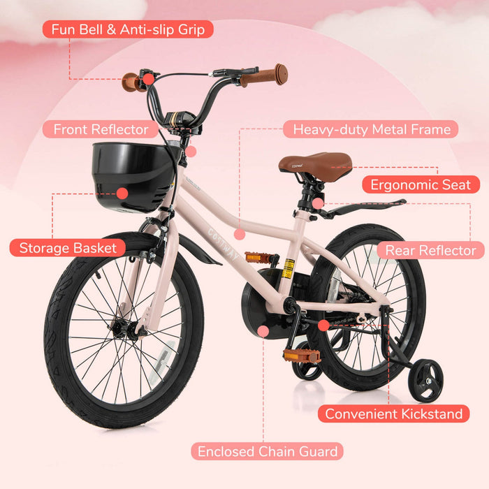 Costway 18" Kid's Bike With Training Wheels Adjustable Handlebar & Seat Handbrake Pink
