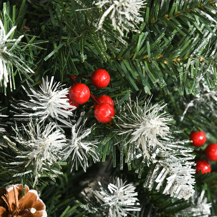 Homcom Flocked Pencil Christmas Tree With Red Berries, Pine Cones, Green