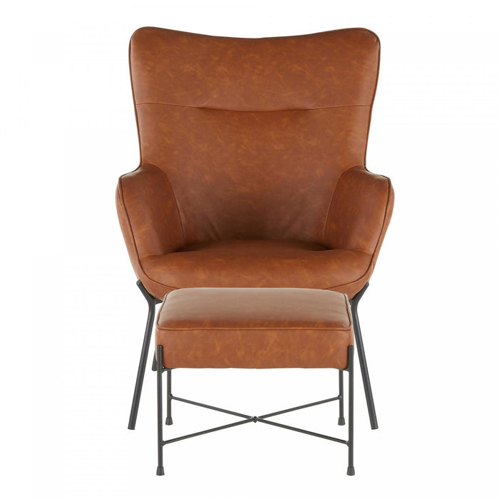 LumiSource Izzy 2-Piece Faux Leather Industrial Accent Lounge Chair and Ottoman - Camel