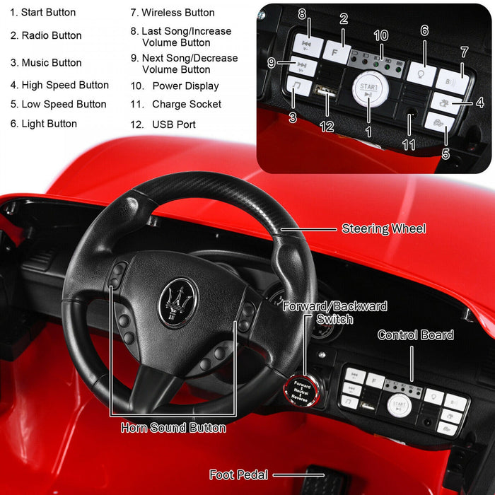 12v Kids Ride On Car Licensed Maserati Grancabrio W/remote Control & Music Red