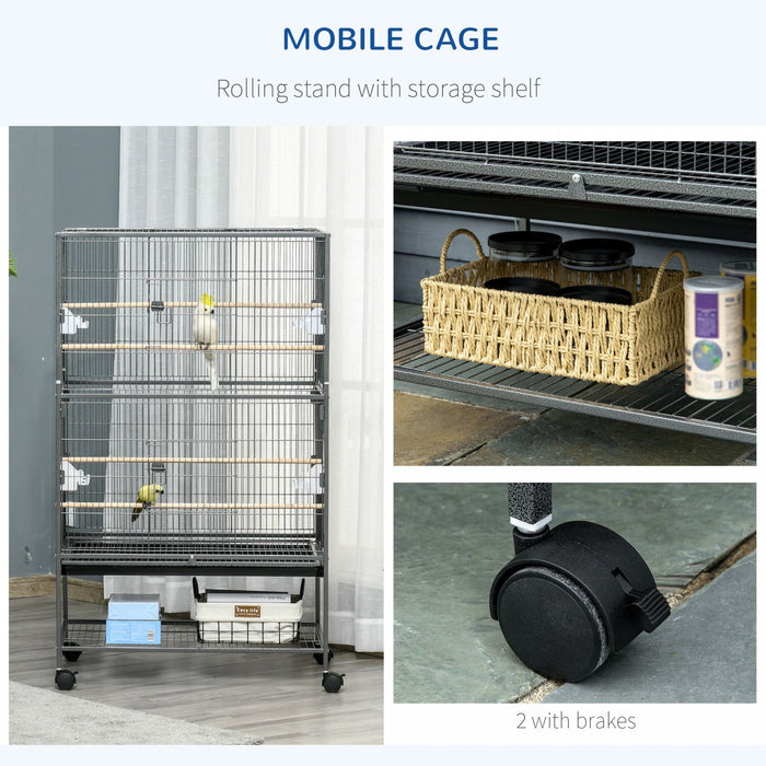 Pawhut 52\" Large Rolling Steel Bird Cage Bird House With Rolling Stand, Storage Shelf, Wood Perch, F