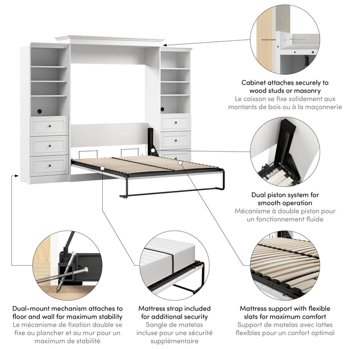 Bestar Versatile Queen Murphy Bed and Two Closet Organizers with Drawers (115 W) - White