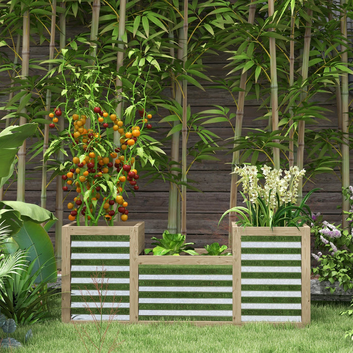 Outsunny Raised Garden Bed With 3 Planters For Outdoor Plants, Galvanized Metal Reinforced With Wood