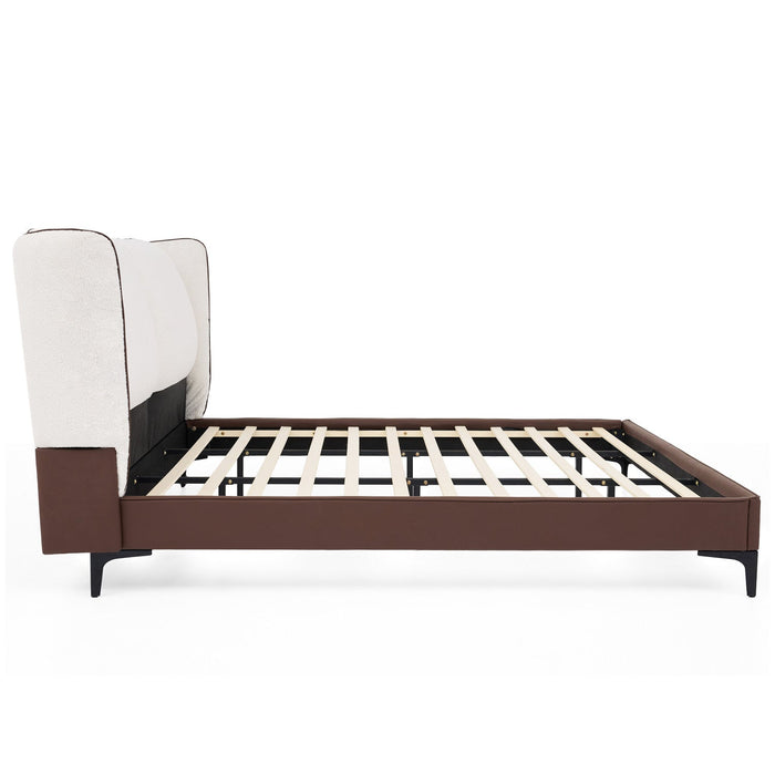 Ava Teddy Fleece Platform Bed with Wingback Headboard and Faux Upholstered, King Size, White King Bed  