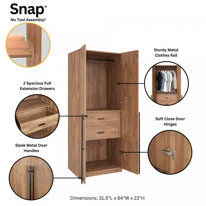 Lee Modern 2-Piece Wardrobe Closet in Golden Brown Armoire 