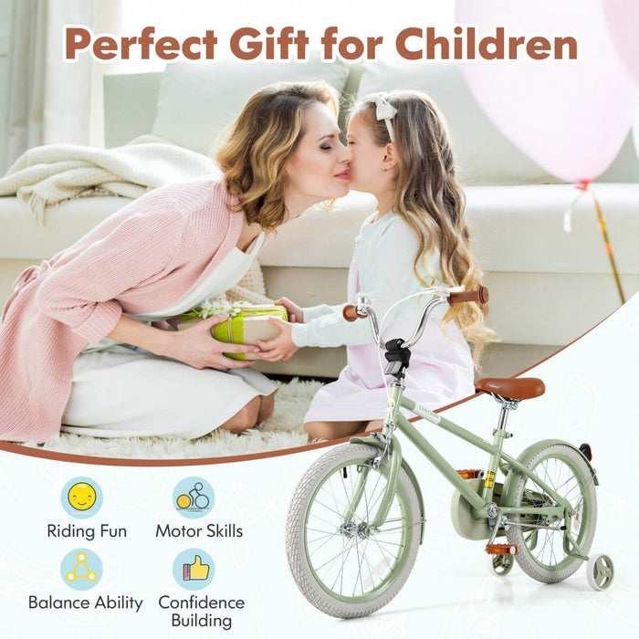 Costway 18" Kids Bike With Adjustable Saddle Handlebar Removable Training Wheels Handbrake Green