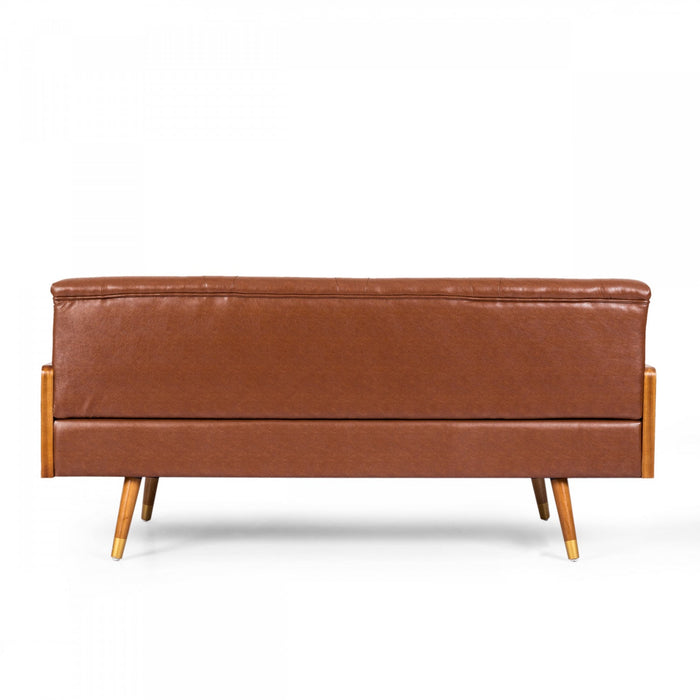 Aidan 3-seater Tufted Pu Leather Sofa With Rolled Pillows - Light Brown 