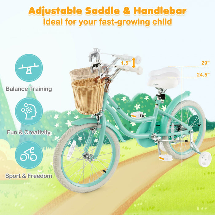 Costway 18" Kid's Bike With Training Wheels Adjustable Handlebar Seat Handbrake Green